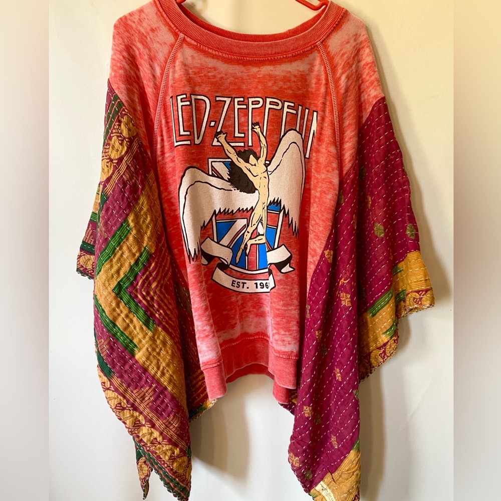 Upcycled Led Zeppelin Sweatshirt/Poncho with Vintage Kantha Sleeves